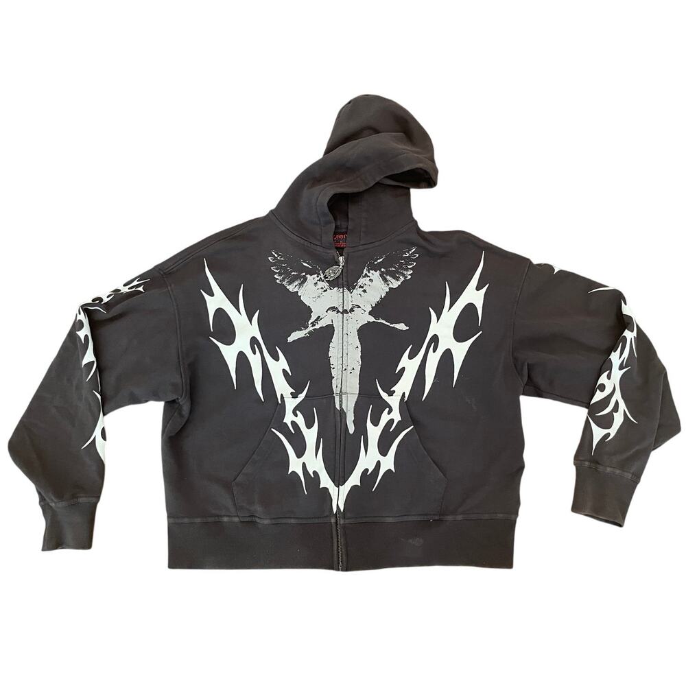 Vitriol Vulture Full Zip Hoodie Small Gray Gothic Tribal All Over Print‎ Rare